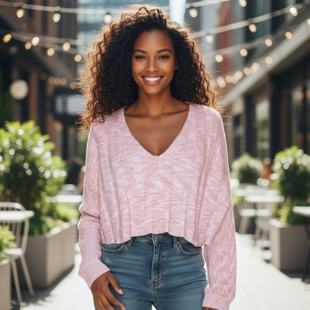 Forever 21 Oversized Chunky Knit Marled V-Neck Cropped Sweater